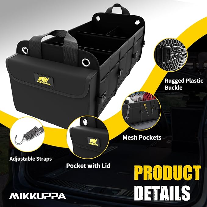 MIKKUPPA Car Trunk Organizer for SUV, 100L, Premium Material, Black | Collapsible Heavy Duty Large Car Organizer, Sturdy Trunk Storage for Car with Adjustable Straps and Non Slip Bottom