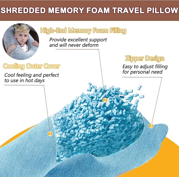 1 MIDDLE ONE Car Pillow for Kids, Memory Foam Cooling Travel Pillow for Car and Adults, Kids Car Pillows for Sleeping on Road Trip, Small Body Pillow for Kid (Cooling Blue)
