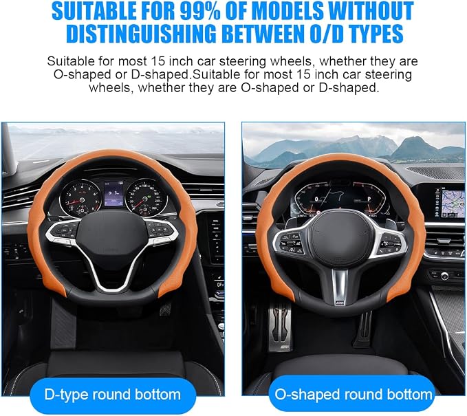 Car Steering Wheel Cover, 15 inch Nappa Leather Anti-Slip & Ultra-Thin 5D Vehicle Steering Wheel Protector, Breathable Automotive Interior Accessories, Universal Fit (Orange)