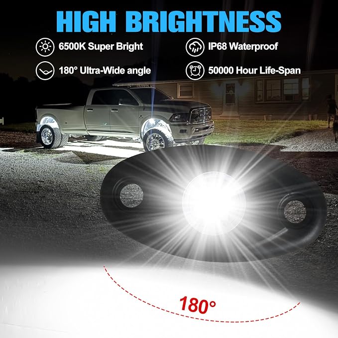 8pods White Rock Lights Dc 12v 6000k Aluminum Alloy Pure White Led Rock Lights with Switch Wiring Harness Kit Ip68 Waterproof for Trucks Pickup Off-Road Cars SUV Utv ATV Rv RZR Underglow Lights