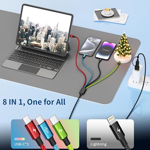 4 in 2 Multi Charging Cable, 3 Type-C & IP Cord for Multiple Devices | USB C Multi Charging Cable with 3 Type-C & IP Ports, Nylon Braided Phone Charger Cord for Travel, Car and Daily Use