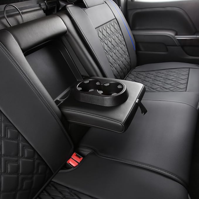 JOJOBAY Chevy Silverado Seat Covers,Leather Seat Covers for GMC Sierra,Custom Fit 2007-2026 1500 2500HD 3500HD Crew Double Extended Regular Cab,LT LZT RST(Rear Seat Covers,Black Blue)