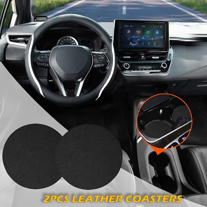 Steering Wheel Cover Black and White Leather Universal 14.5-15 inch | Car Steering Wheel Covers with Coasters Breathable Anti-Slip Durable Steering Wheel Accessories Set for SUV Truck Van