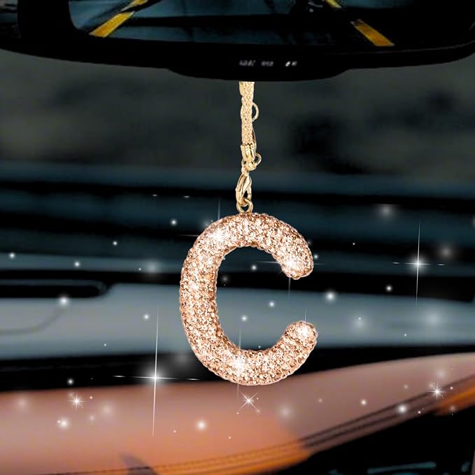 Bling Car Accessories for Women Letter Charm, Rainbow Crystal Rearview Mirror Pendant, Cute Diamond Rhinestone Car Decor, Lucky Gift for Women(C, Champagne Gold)