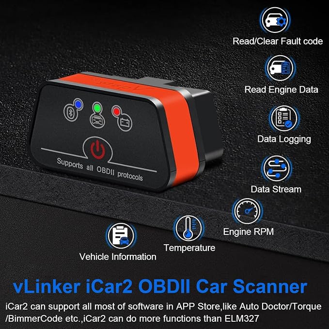 iCar2 BLE 4.0 OBD2 Bluetooth Adapter Auto Scanner Car Diagnostic Tools Engine System Diagnostic Tools for Android/iOS (Black/Orange)