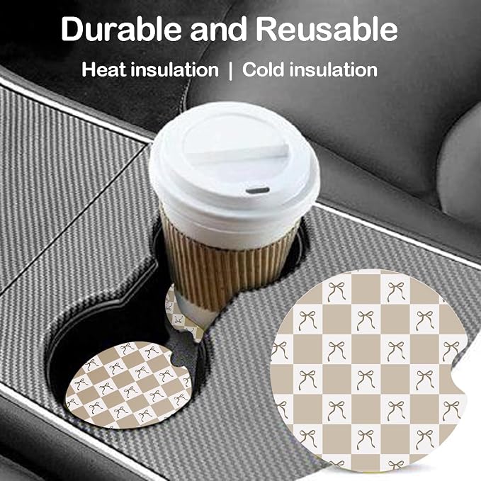 Ceramic Car Coasters – Absorbent Car Cup Holder Coaster Set for Women, Cute Aesthetic Car Accessories for Girls, 2 Pack (Beige)