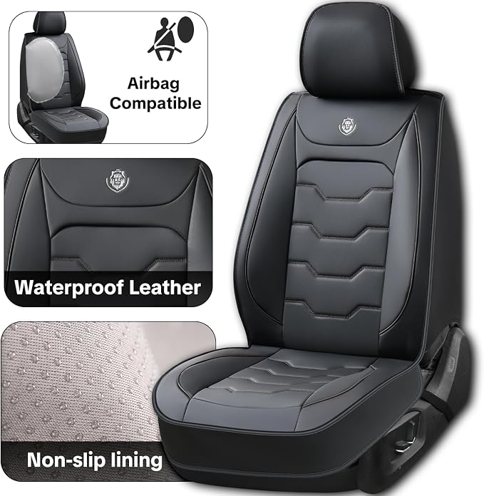 Black Car Seat Cover Full Set Kit, Universal Car Seat Cover for Car | Waterproof Leather, Protect & Upgrade Car Interior, Airbag Compatible, Easy to Install & Clean, For SUV, Pickup Truck, Sedan