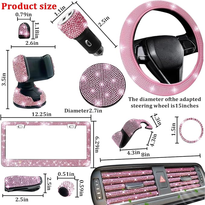 27PCS Bling Car Accessories Set for Women, 14.5-15" Rhinestone Steering Wheel Cover Cup Coaster, USB Charger Phone Holder Headrest Hook, Diamond Auto Interior Decor, Universal Fit (Pink)