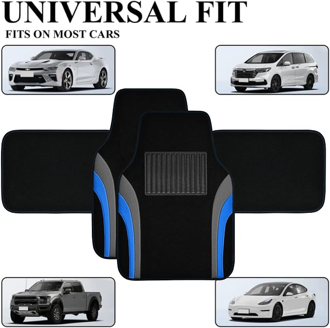 CAR PASS Leather Sporty Car Floor Mats Carpet, Universal Waterproof Automotive Floor Mat Fit for Sedans, Cars, Mid Trucks, Vans, SUV, Set of 4 (Black and Blue)