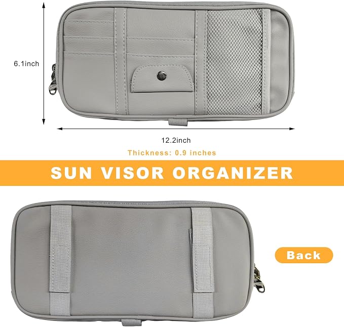 Car Sun Visor Organizer, Multi-Pocket Leather Auto Storage Pouch with Glasses Clip & Zippers, Multifunctional Sun Visor Storage Bag Ticket Organizer for Cars Trucks SUVs (Gray)