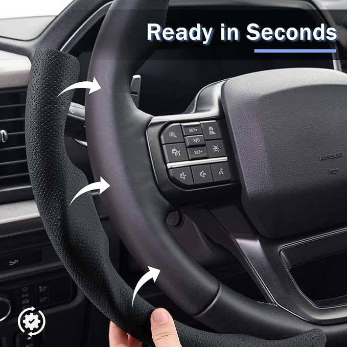 Steering Wheel Cover for Ford F150 2021-2025/ F-150 Lightning 2022-2025/ F250 F350 F450 F550 2023-2025/ Ford Expedition 2022-2024 Steering Wheel Cover Protector Accessories(Perforated Black Leather)