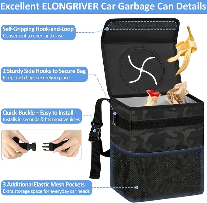 ELONGRIVER Car Trash Can Bin for Back Seat Leak Proof, Cute Car Trash Bag Hanging, Vehicle Trash Can for SUV Truck Van, Automotive Garbage Cans Front Seat Camo Black