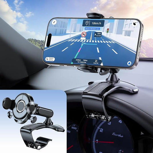 Upgraded Universal 360°Dashboard Phone Mount - Multi-Functional Visor/Rearview Rotating Car Holder for 4-7" Phones, One-Handed Operation Adjustable Clamp Holder (Black)