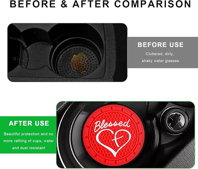 2 PCS Car Cup Holder Coaster, 2.76 Inch Soft PVC Non-Slip Blessed Cross and Heart Christian Car Cup Coasters, Auto Interior Shockproof Insert Drink Mat for Most Vehicles (Red)