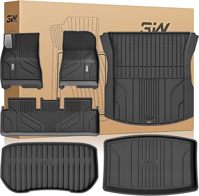 3W Tesla Model 3 Floor Mats 2024-2026 with Metal Pedal, Full Set with Cargo Liner, Highland All Weather Custom Fit Rear Trunk Mat Accessories Black