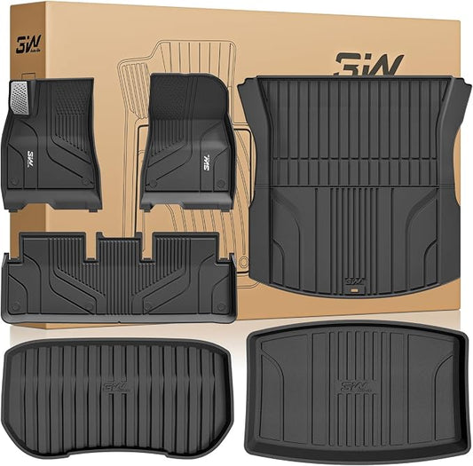 3W Tesla Model 3 Floor Mats 2024-2026 with Metal Pedal, Full Set with Cargo Liner, Highland All Weather Custom Fit Rear Trunk Mat Accessories Black