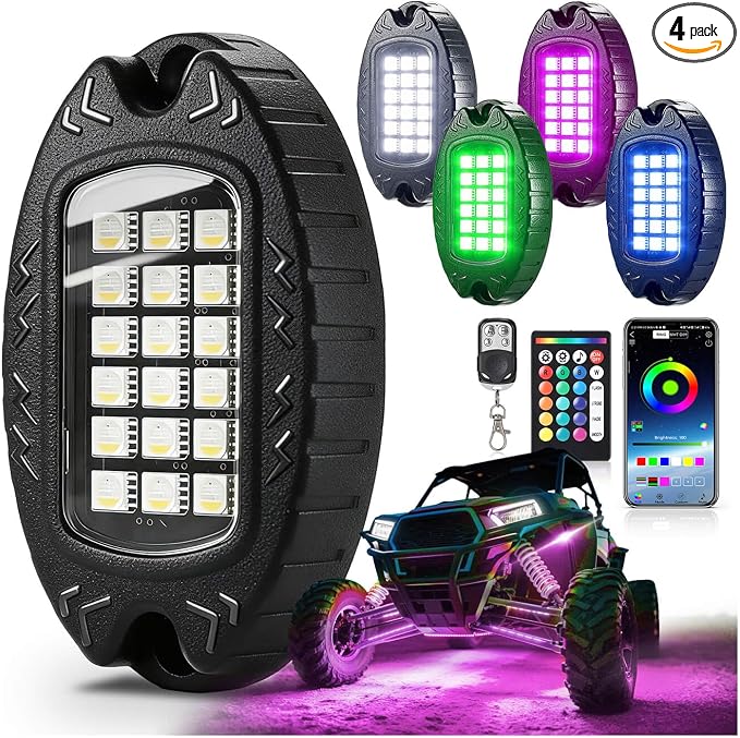 4Pods Heavy Duty Aluminum RGBW LED Rock Lights Kit for ATV UTV 4 Wheeler Can-Am SXS RZR Side by Side Offroad Vehicle, APP & RF Remote, Plug&Play Pre-Wired, IP67 Waterproof 12V Underglow Accent Light