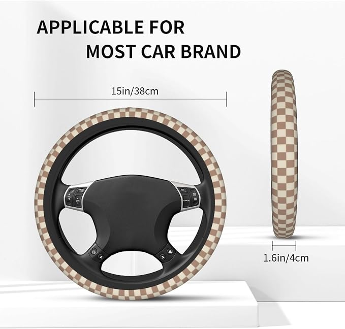 Khaki Checkered Steering Wheel Cover - Khaki Checkered Racing Flag Brown Steering Wheel Cover Anti-Slip Breathable for 15 in Universal 2 Pcs Car Interior Cup Holder Pad for Men Women
