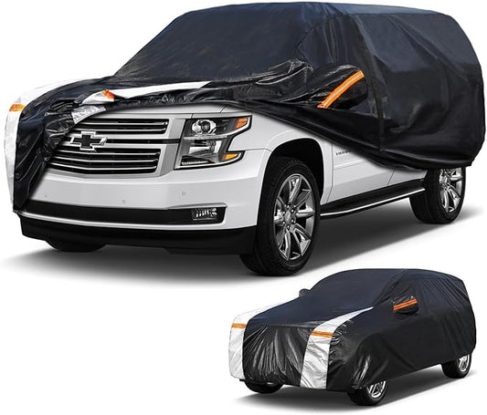 Large SUV Car Cover for Chevrolet Tahoe 100% Waterproof All Weather, Heavy Duty Outdoor Full Exterior Covers Rain Sun Wind UV Protection.