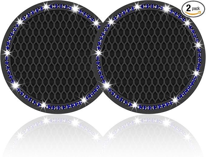 JUSTTOP 2 Pack Universal Auto Anti Slip Cup Holder Insert Coaster, Car Cup Holder Coaster, Bling Crystal Rhinestone Car Interior Accessories, Black - Blue