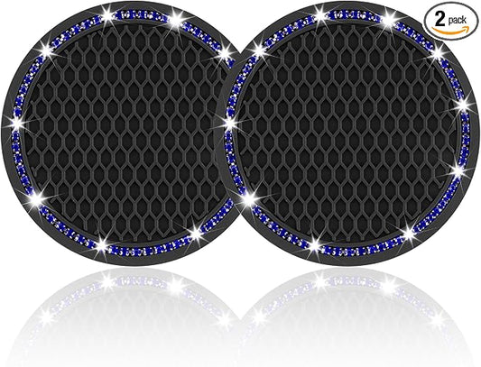 JUSTTOP 2 Pack Universal Auto Anti Slip Cup Holder Insert Coaster, Car Cup Holder Coaster, Bling Crystal Rhinestone Car Interior Accessories, Black - Blue