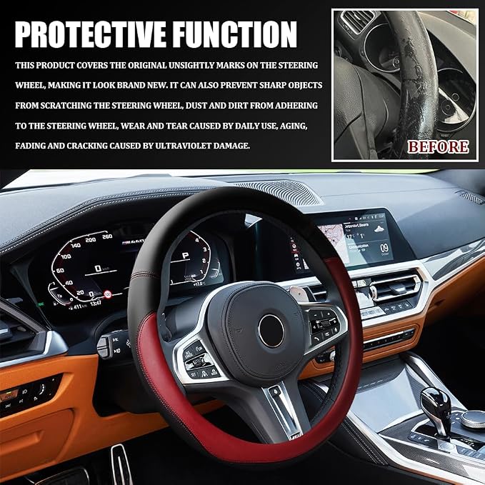 Car Steering Wheel Cover, 15 Inch Napa Leather Car Steering Wheel Protector, Slip-Resistant Elastic Steering Wheel Handle Cover, Universal Interior Accessories for Cars Trucks SUVs (Wine Red)