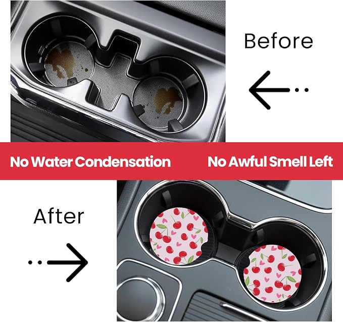 2 Pack Pink Cherry Car Coasters for Women Car Cup Holder Coasters, 2.63 Inch Anti Slip Ceramic Absorbent Coaster with Cork Base and Finger Notch, Cute Car Accessories Interior