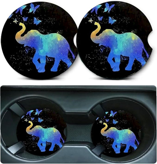 2 Pack Elephant Car Cup Holder Coasters Universal Neoprene Coasters | 2.75" Universal Size Anti Slip Rubber Mat, Auto Cup Holder Decor Accessories for SUV Truck, Elephant Gifts for Women Men Mom