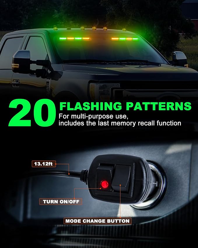 HLauto 6Z4J Emergency Dash Strobe Lights: 2x16.8 inch Green Amber Safety Lights, 48 LED Flashing Warning Hazard Interior Windshield Visor Traffic Light Bar for Trucks, Construction Vehicles