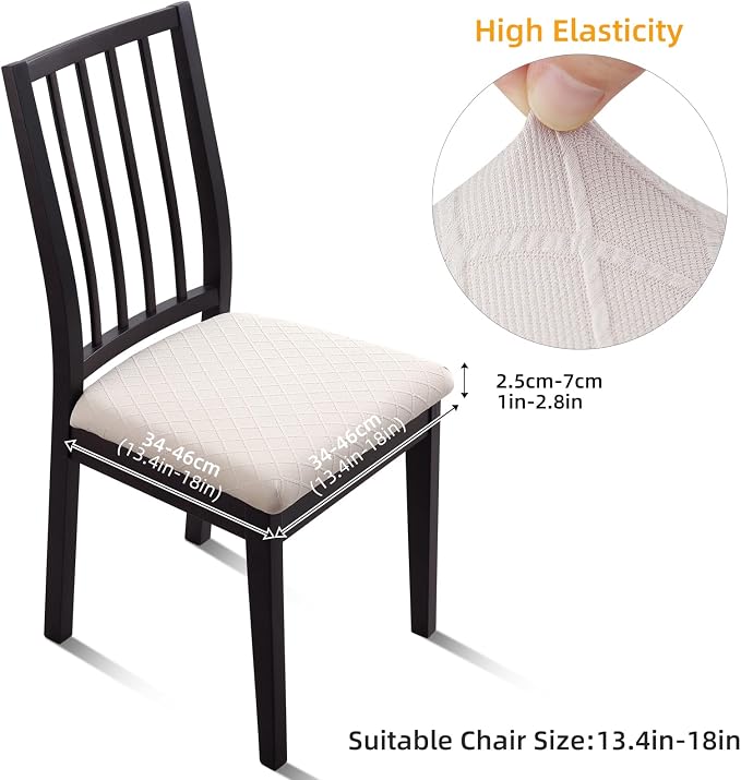 Fuloon Waterproof Seat Cushion Covers 6 PCS, Stretch Jacquard Chair Seat Covers Washable Dining Room Chair Slipcovers Removable Kitchen Cushion Protector (6, Waterproof-Pale Beige)