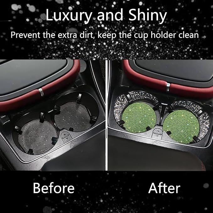 NBTEPEM 2pcs Bling Car Cup Holder Coaster, 2.75 inch Anti-Slip Shockproof Universal Fashion Car Coasters Insert Bling Crystal Rhinestone Automotive Interior Accessories for Women (2 pcs, Light Green)