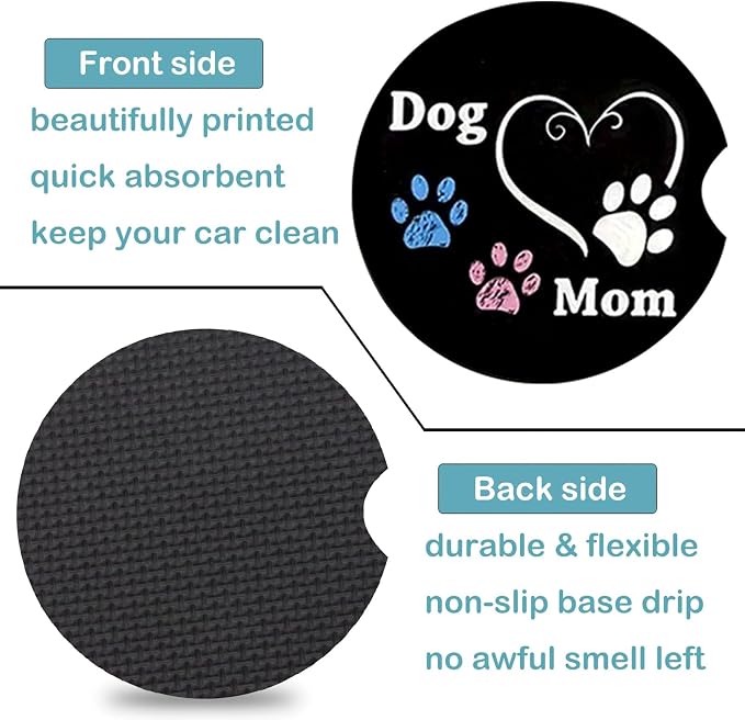 2 Pack Dog Mom Paw Car Cup Holder Coasters Universal Neoprene Coasters | 2.75" Universal Size Anti Slip Rubber Mat, Auto Cup Holder Accessories for SUV Truck, Dog Mom Paw Gifts for Women Men Mom