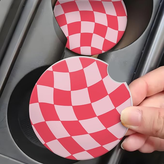 hot Pink Checkerd Car Coasters for Cup Holder Absorbent Ceramic Cup Coaster 2 Pack Anti Slip Car Interior Accessories with Finger Notch Cork Base for Women Men 2.56"