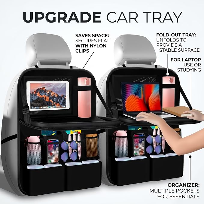 2026 New Backseat Car Organizer,Multifunctional Back Seat Car Organizer with Foldable Table Trays,Hanging Cars Seats Backs Organizers as Kick Mats Back Seat Protector