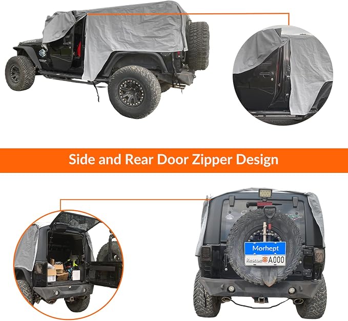Waterproof Cab Cover for Jeep Wrangler JK JL 4 Door | Zipper access, windproof design, soft cotton lining, all-weather protection against rain, snow, UV rays and dust