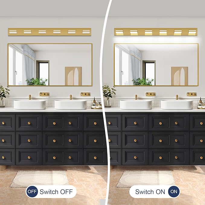 SineRise LED Modern Bathroom Vanity Light Fixtures (6-Light, 48-Inch, Dimmable), Brass Modern Acrylic Bathroom Wall Lighting Fixtures Over Mirror (Cool White 6000K)