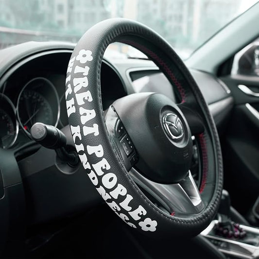 Treat People with Kindness Car Leather Steering Wheel Cover - 15-inch Universal Microfiber- Soft & Breathable & Silicone Anti Slip Auto Steering Wheel Wrap for Women