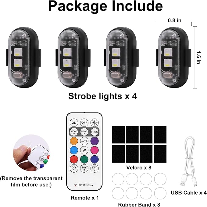 4PCS Wireless LED Strobe Lights with Remote Control, 8 Colors USB Charing Waterproof Anti-Collision Led Emergency Warning Lights for Car Motorcycle Drone Aircraft Bike