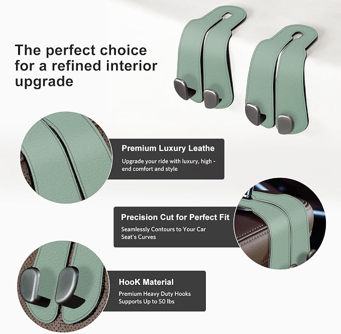 CoBak Purse Hook for Car - Universal Premium Stitched Leather and Aluminum-Magnesium Alloy Double Car Seat Back Storage Hook for Purses, Handbags, Bags (2 Pack),SageGreen