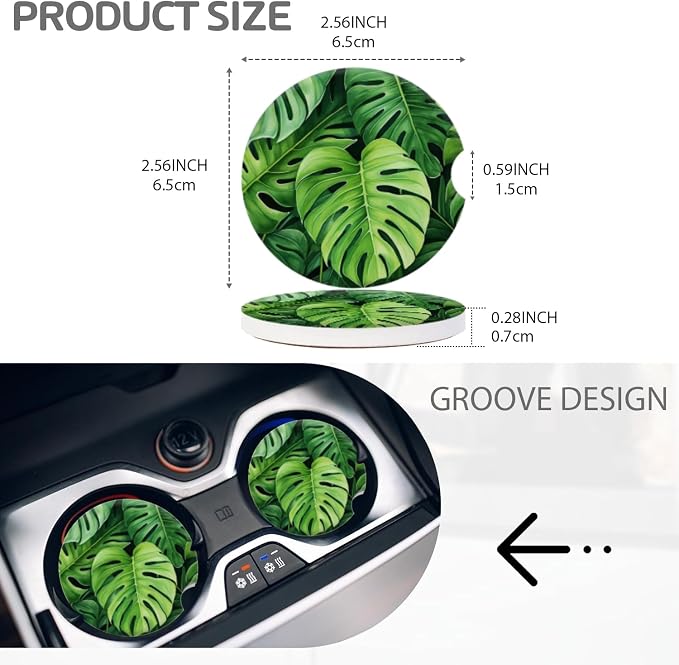 Cup Holder for Car,Tropical Leaf Pattern Ceramic Coasters Non-Slip Cup Holder Insert with Fingertip Grip, Auto Interior Accessories for Women & Men,Pack of 2, 2.56In