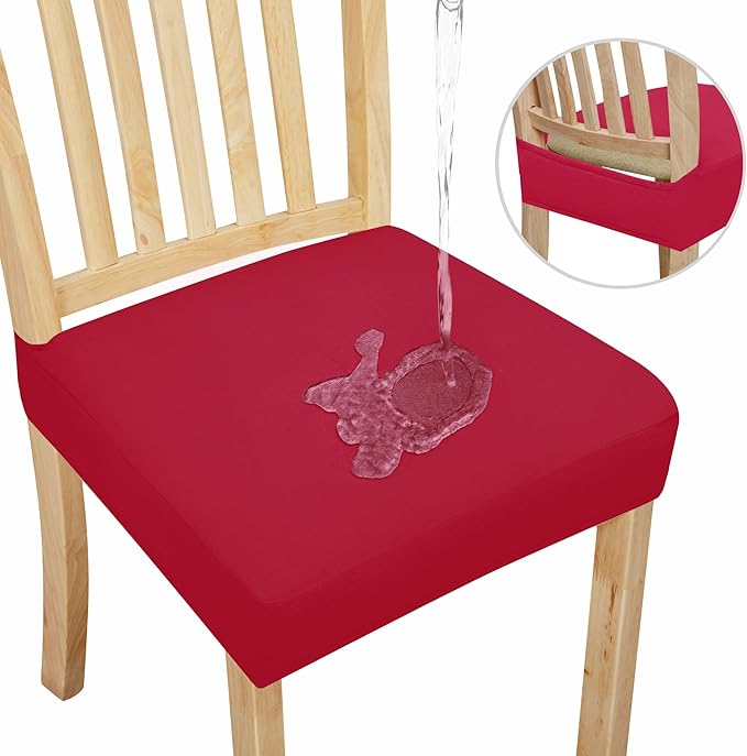 Easy-Going 100% Waterproof Seat Covers for Dining Room Chairs Set of 6, Stretch Chair Seat Slipcovers Protector Removable and Washable Kitchen Dining Chair Covers, Christmas Red