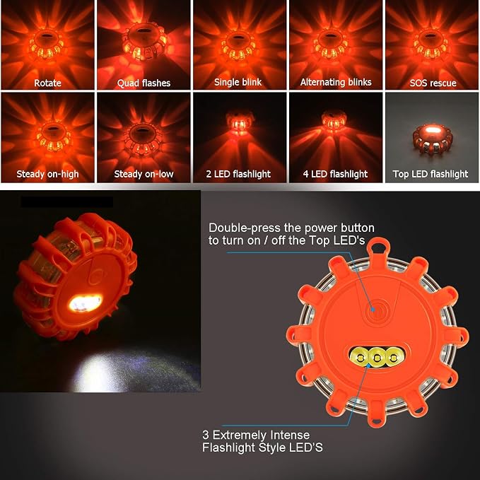 4 Pack LED Road Flares Emergency Lights, 9 Glow Modes Roadside Emergency Warning Car Safety Beacon Flashing Disc Flare Kit with Magnetic Base & Hook for Vehicles,Cars,Truck,Boat(NO Battery Included)