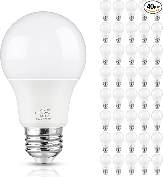 Maylaywood A19 LED Light Bulb, 60 Watt Equivalent LED Bulbs, Daylight White 5000K, 850LM, E26 Base, Non-Dimmable, 9W Bright White, 40-Pack