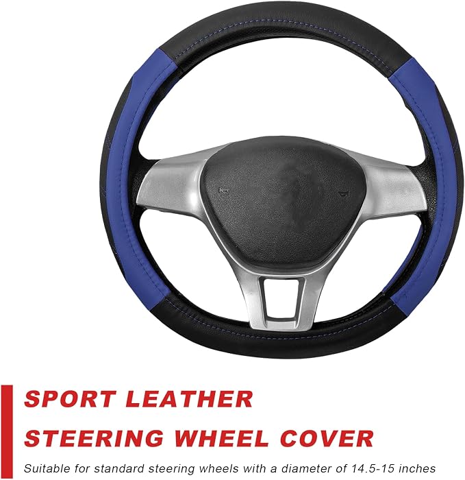 Sport Leather Steering Wheel Cover, 14.5-15 Inch Breathable Auto Steering Wheel Protector with Anti-Slip Lining, Soft Comfortable Leather Wheel Protector for Cars Trucks SUVs (Black & Blue)