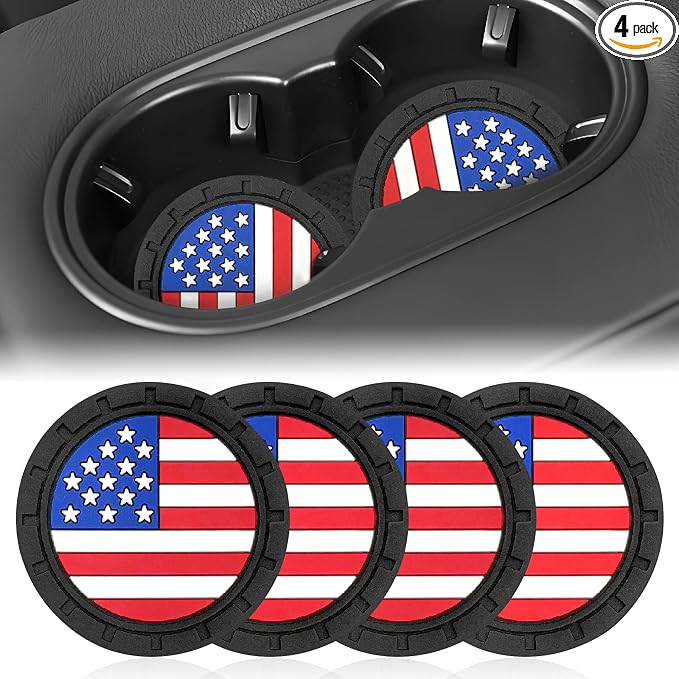 Automotive Universal Car Cup Holder Coasters 4 Pack, Non-Slip Silicone Cup Holder Insert 2.72~2.75 Inch, Anti-Skid Shockproof Drink Mat with Flag Design, Vehicle Interior Accessories Red