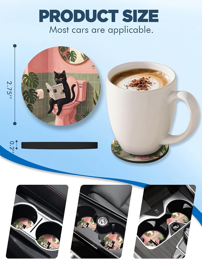 WOCOCN Car Coasters for Cup Holders - 2 Pack 2.75" Universal Rubber Car Cup Coaster, Non-Slip Waterproof Car Interior Accessories, Cute Car Decor Gifts for Women and Men (Toilet Cat)