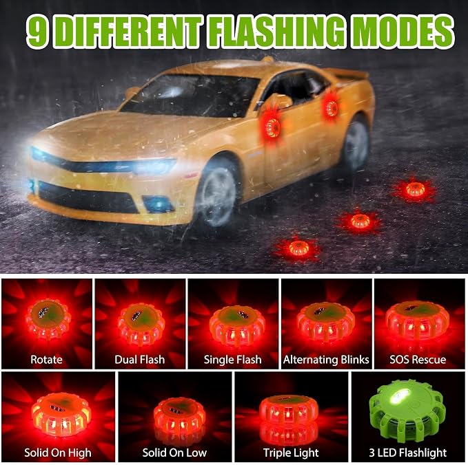 Tallew 4 Pack LED Road Flares Emergency Light Kit 9 Glow Modes Flashing Safety Warning Beacon Magnet Hook Vehicle Boat Truck Disc Magnetic Flash Cars Security Driveway Automotive Strobe(Green)