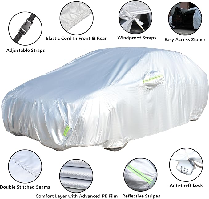 Car Cover Fit for 191-200 inches Length Sedan Waterproof All Weather Outdoor Full Cover Rain Sun UV Protection Driver Side Door Zipper Dirtproof, Scratch Resistant, Breathable, Dustproof