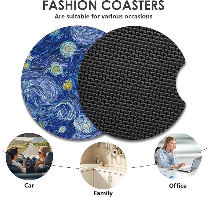 2 Pack Car Coasters，2.75-inch Neoprene Non-Slip Cup Holder Coasters for Car，Cute Car Interior Accessories for Men and Women，Blue Moon