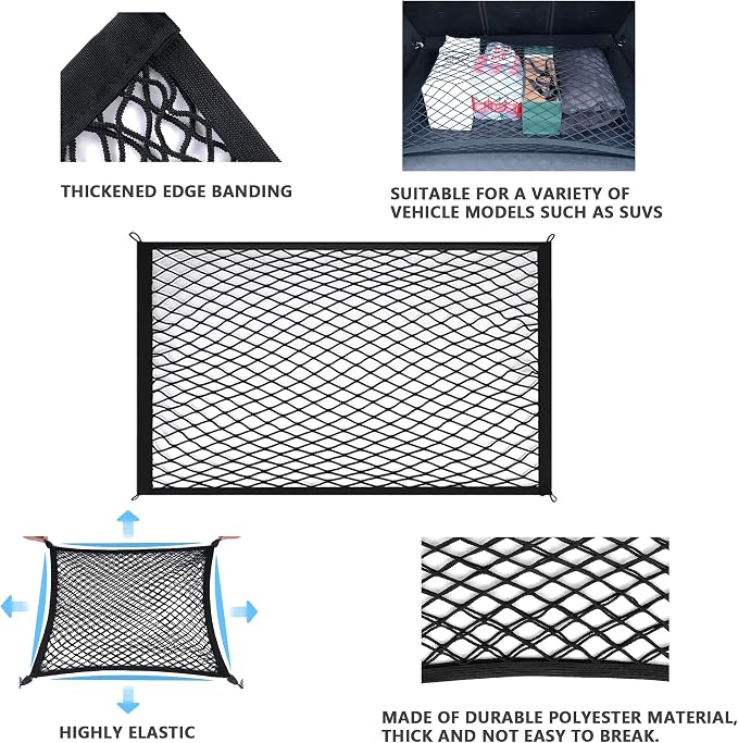 Cargo Net Car with Hooks Adjustable Highly Elastic Storage Organizer Net | Cargo Net for SUV, Pickup Trucks,Mesh Organizer 2.6'x2' Stretches to 5'x4',Road Trip Essentials Black
